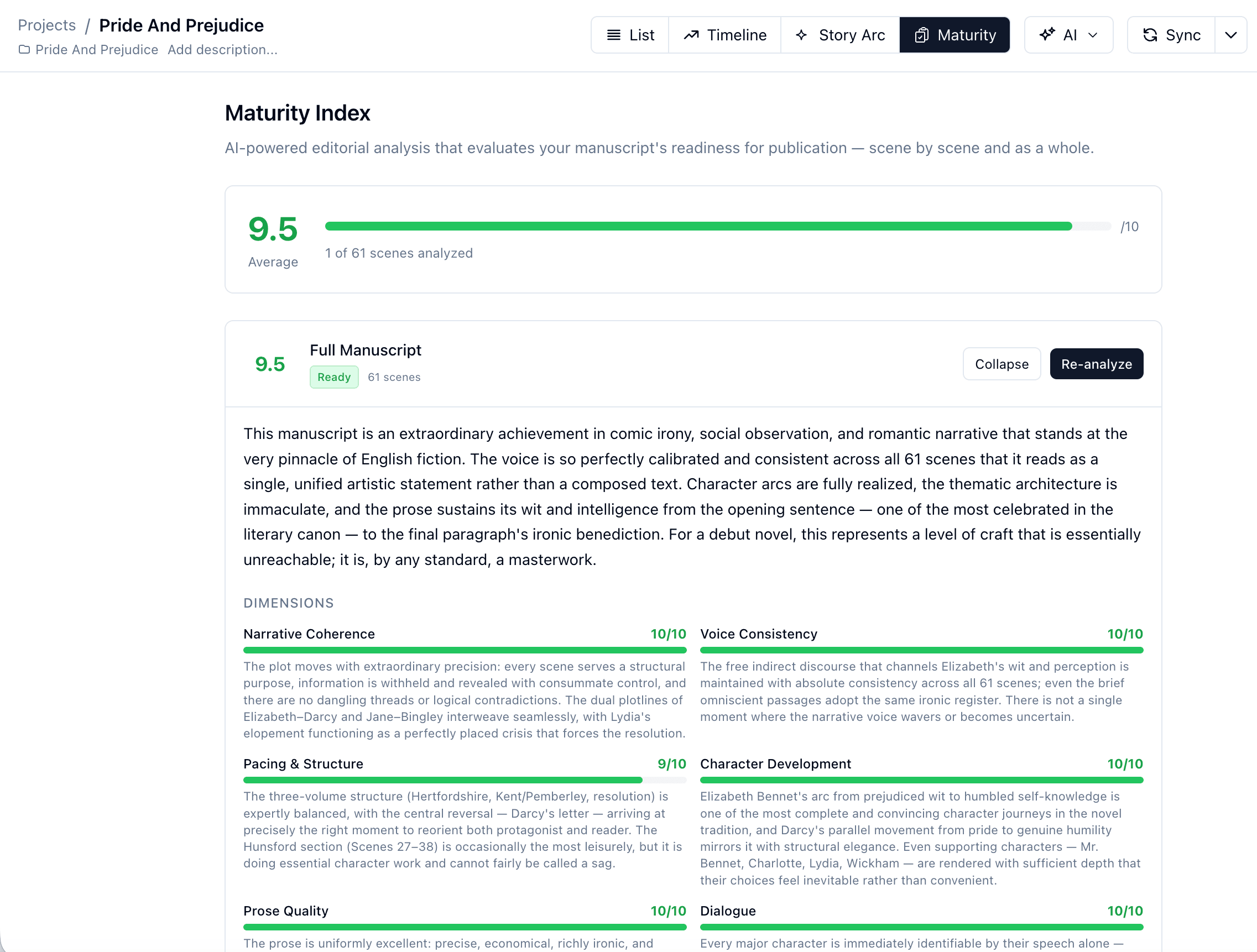 The maturity index, scoring a manuscript out of ten across dimensions such as narrative coherence, pacing, voice consistency and character development.